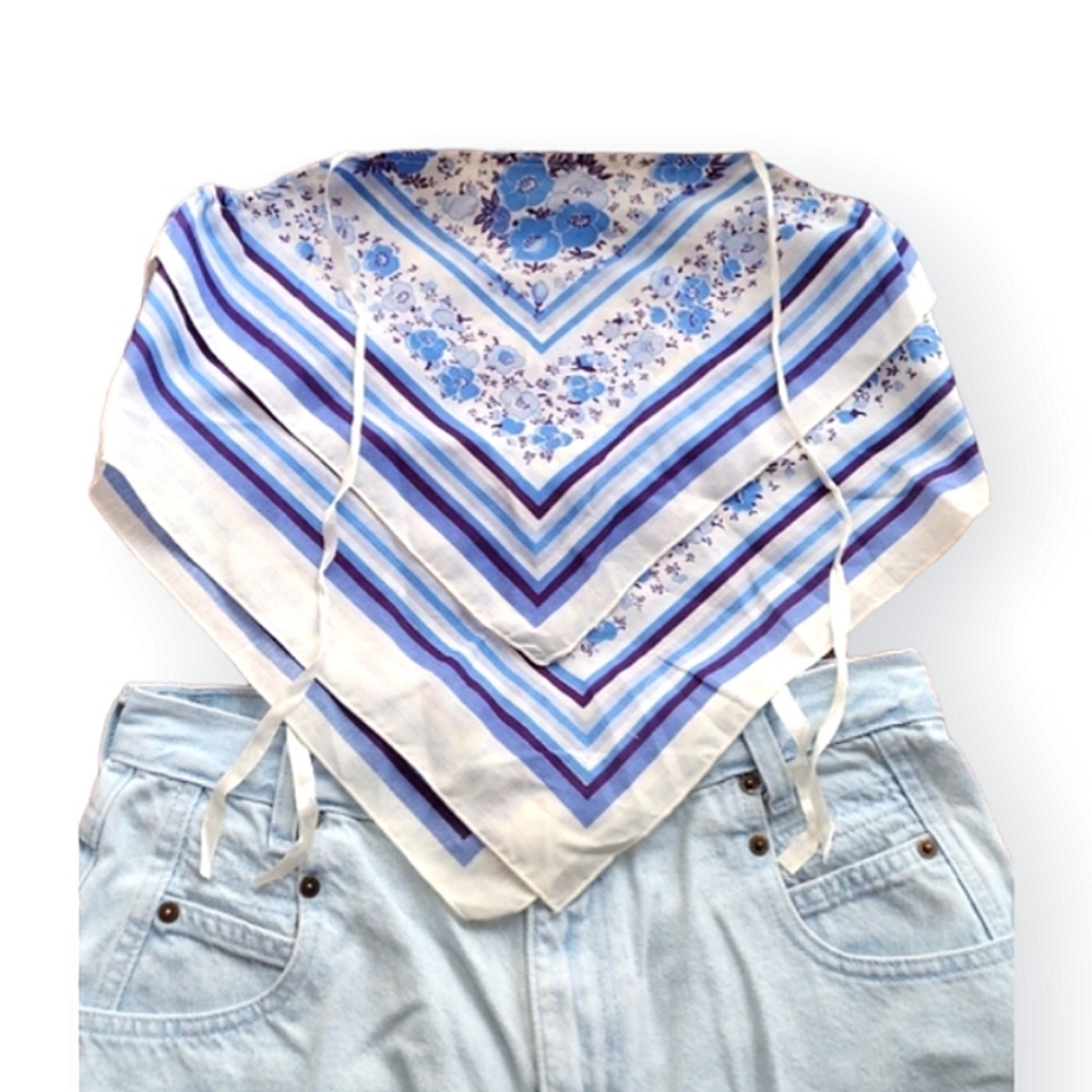 Vintage Bandana Scarf Top Tie Shoulder White Blue Floral Home Sewn Small